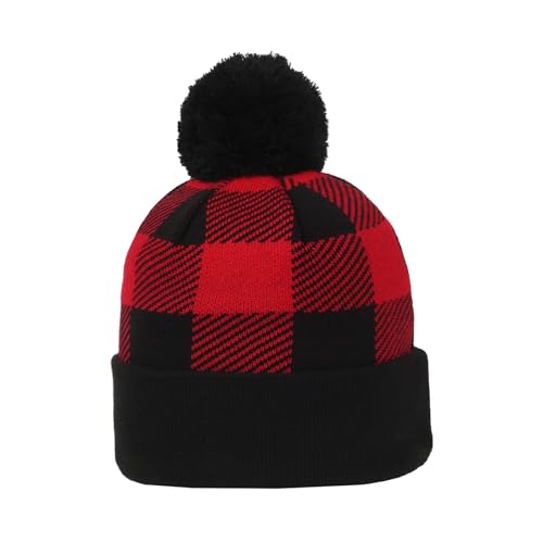 Outdoor Cap Unisex Adult Sasquatch Knit Beanie with Cuff & Pom - color: Buffalo Plaid Red and Black