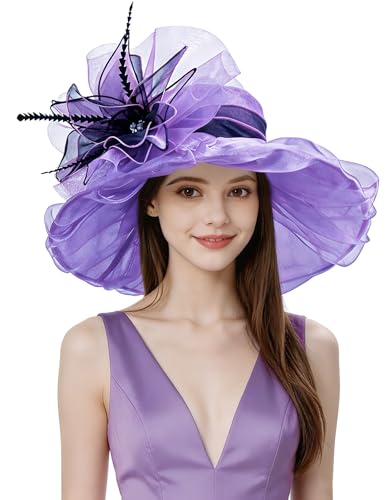 Organza Church Derby Hats for Women Wedding Tea Party Fascinator Floral Wide Brim Sun Hat - color: Style03 Purple Black