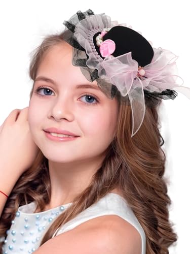 Bohend Fascinator Hat for Women Pearl Rose Hair Clip Delicate Lace Cocktail Tea Party Hats Costume Hair Accessory - color: Black-pink