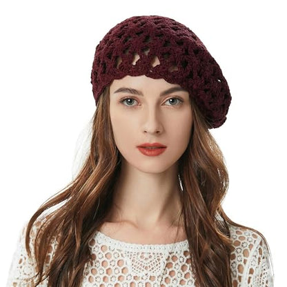 ZLYC Women Cotton Slouchy Crochet Beret Handmade Cutout Floral Beanie Hat - color: Burgundy