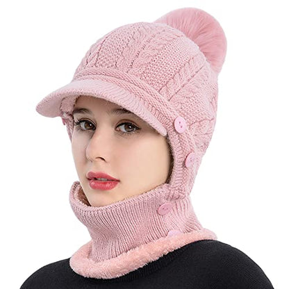 HUAMULAN Women Cable Knit Balaclavas Winter Fleece Lined Beanie Hat - color: Pink With Pompom