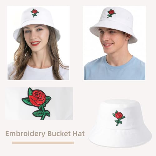 ZLYC Cotton Bucket Hat for Women Men Embroidered Packable Summer Sun Cap - color: Rose White