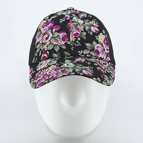 Vintage Washed Cotton Soft Mesh Adjustable Baseball Cap - color: Floral Black