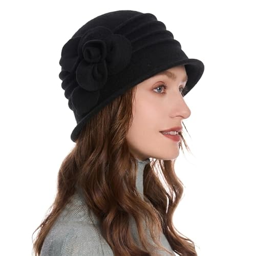 ZLYC Women Wool Cloche Bucket Hat 1920s Vintage Winter Hat with Flower - color: Rose Black