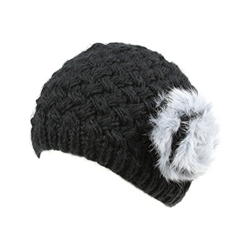 Woman's Warm Soft Cable Lace Pom Furry Flower Crochet Fashion Knit Hat - color: Black Flower, size: One Size