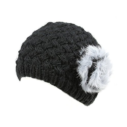 Woman's Warm Soft Cable Lace Pom Furry Flower Crochet Fashion Knit Hat - color: Black Flower, size: One Size