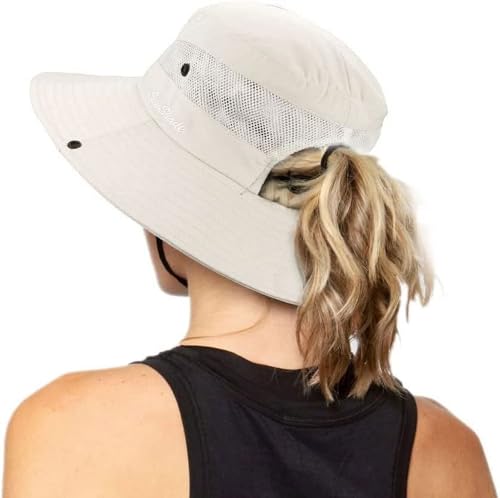 Women's Outdoor-UV-Protection-Foldable-Sun-Hats-Wide-Brim Hat Ponytail-Hole - color: Beige