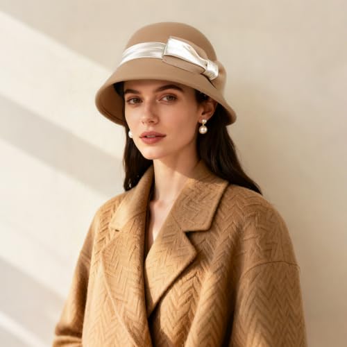 Women Cloche Felt Hat Winter Wool Bucket Hat Vintage Fedora Bowler Hat - color: 2-brown