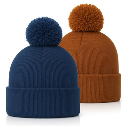 Geyoga 2 Pcs Pom Beanie Hat Men Women Winter Hat Pom Knit Cap Beanies with Ball at Top Acrylic Winter Cap with Cuff - color: Brown,blue Gray, style: Classical