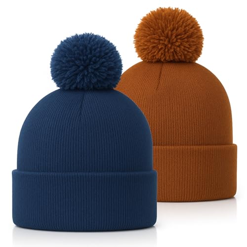 Geyoga 2 Pcs Pom Beanie Hat Men Women Winter Hat Pom Knit Cap Beanies with Ball at Top Acrylic Winter Cap with Cuff - color: Brown,blue Gray, style: Classical