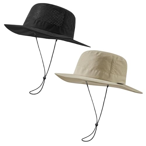 UPF 50+ Bucket Sun Hat with Laser Perforated Mesh Cooling Adjustable Breathable Lightweight for Outdoor Men Women - color: Black & Khaki