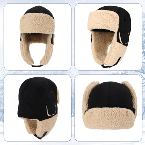 JaGely 4 Pcs Pilot Hat and Goggles Flight Costume Accessories Pilot Helmet Cap with Ear Flaps Hat Adults Winter - color: Black and Khaki, style: Trendy