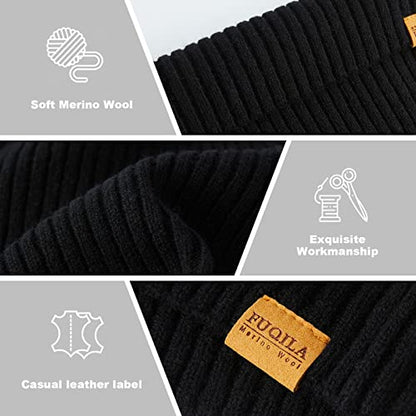 100% Merino Wool Cuff Beanie Hat, Unisex Warm Winter Caps Soft, Breathable & Cozy Stretchy Knitted Cuffed Cap - color: Black