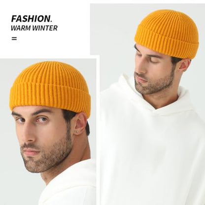 3 Pack Wool Fisherman Beanies for Men, Short Knit Watch Cap Cuffed Hats - color: #A-black, Gray, Yellow