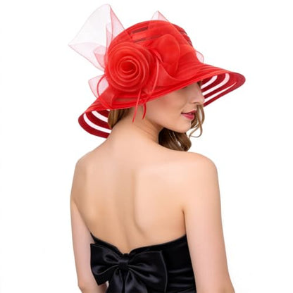 Ruphedy Women Derby Church Dress Bucket Hat Fascinators Tea Party Wedding Hat - color: S017-red