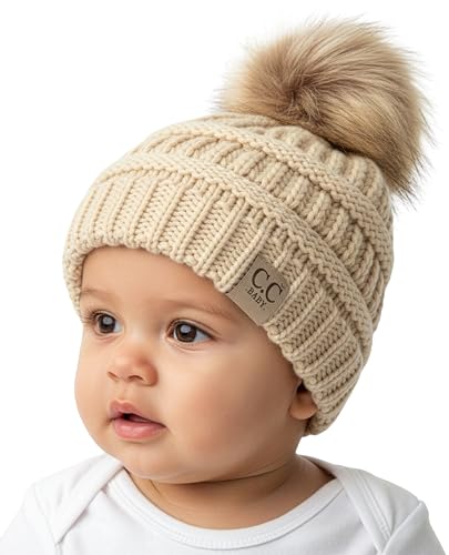 Funky Junque Baby Pom Pom Beanie – Soft Knit Infant Winter Hat for Baby Girls & Boys, Cozy Warm Newborn Beanie 0–12 Months - color: Beige - Faux Fur Pom