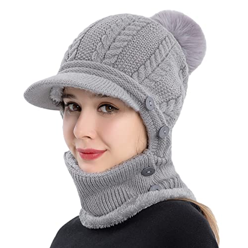 HUAMULAN Women Cable Knit Balaclavas Winter Fleece Lined Beanie Hat - color: Grey With Pompom