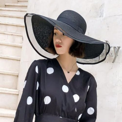 Womens Mens Wide Brim Straw Panama Hat Beach Sun Hat Summer Wide Brim Straw Roll up Hat Fisherman's UPF 50 - color: +Black