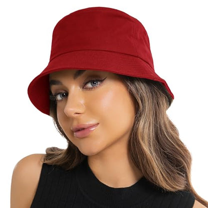 Wheebo Solid Color Bucket Hat for Women Summer Beach Fishmen Hat for Lady Adult Unisex Cotton Cap…… - color: A-sc-red