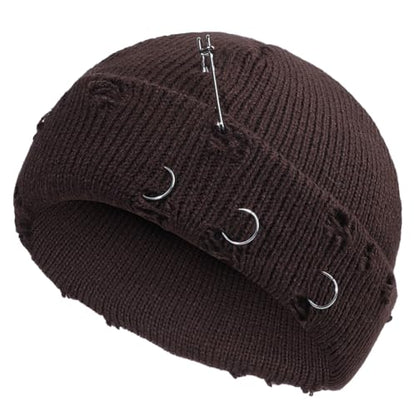 Distressed Ring Beanie Hat for Women Men Slouchy Skull Cap - color: Coffee