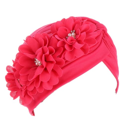 Flower Pre-Tied Turban Beanie, Soft Chemo Cap for Women Cancer Hair Loss - color: Rose Red