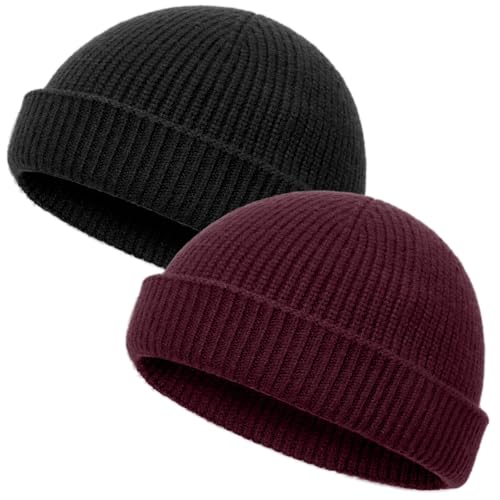 vidsel Thin Wool Fisherman Beanie Hat for Men Women Fall Winter Fashion Cap - color: 2-black, Wine-red
