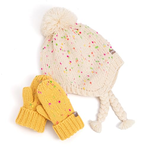 Girls Warm Knit Earflap Hat, Fleece Lined Cold-Weather Essential for Kids 1-12 Years, Unique Colorful Design, Premium Quality - color: Off-white- Yellow - 2pc Set, size: 6-12 Years