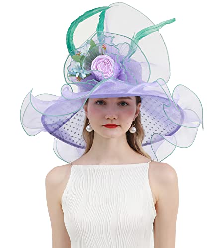 ORIDOOR Women Organza Fascinator Church Derby Hat Floral Tea Party Wedding Hat - color: 001-purple