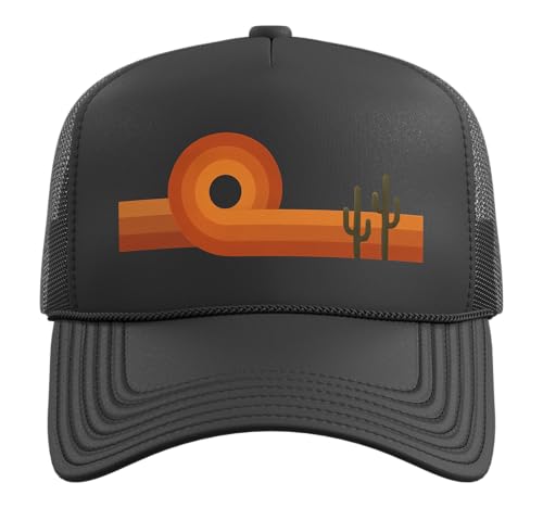 Retro Desert Sunset, Vintage Southwest Cactus Landscape Trucker Hat with Adjustable Mesh Back - color: Black