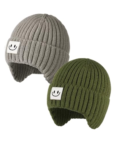 FURTALK Baby Beanie Toddler Winter Warm Hat Infant Soft Fleece Lined with Earflap Cute Knit Kids Caps - color: Grey+green, size: 2-6 Years