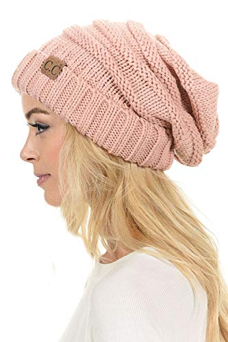 C.C Hat-100 Oversized Baggy Slouch Thick Warm Cap Hat Skully Cable Knit Beanie - color: Indi Pink