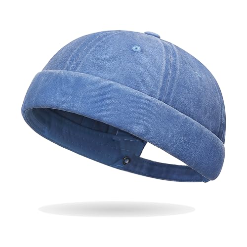 Sailor Brimless Skull Hat, Washed Cotton Docker Hat for Men Vintage - color: Blue