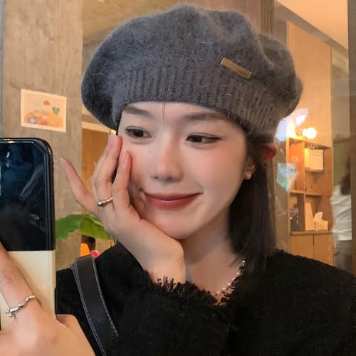 Yanmucy Beret Hat Women Girl, Fluffy Knitted French Beret Warm Classic Beanie Hats Cap for Ladies Men Winter Autumn - color: Deep Grey
