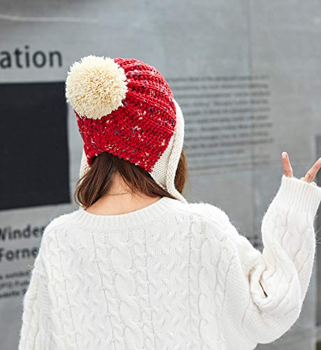 HUAMULAN Women Winter Sherpa Knit Beanie Hat Fleece Lined Ear Flaps - color: Red Beige