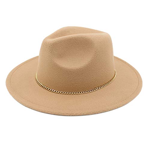 Premium 3" Wide Brim Solid Color Felt Gold Chain Fedora Panama Hat - color: Tan