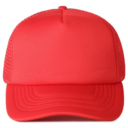 MIRMARU 5 Panels Blank Foam Front Two Tone Solid Trucker Mesh Back Baseball Cap with Adjustable Snapback Strap - color: Solid-red