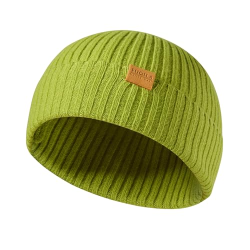 100% Merino Wool Fisherman Beanie Hat, Unisex Warm Winter Hats, Soft Breathable Knitted Short Cuffed Cap - color: Lemon Green
