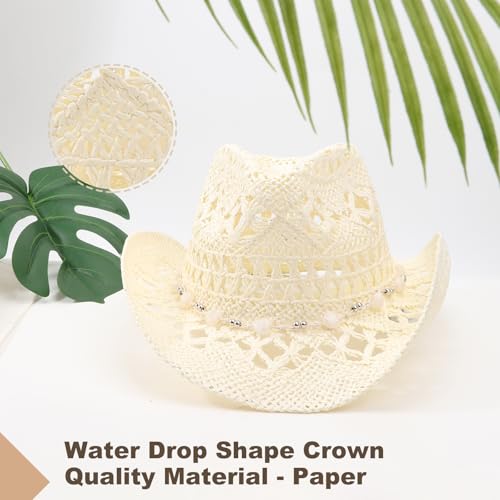 AQOKKA Straw Cowboy Hats for Women Men Western Cowgirl Hats with Shapeable Brim Woven Hollow Out Unisex Beach Roll Up Caps - color: Cowboy Hat : Milky White
