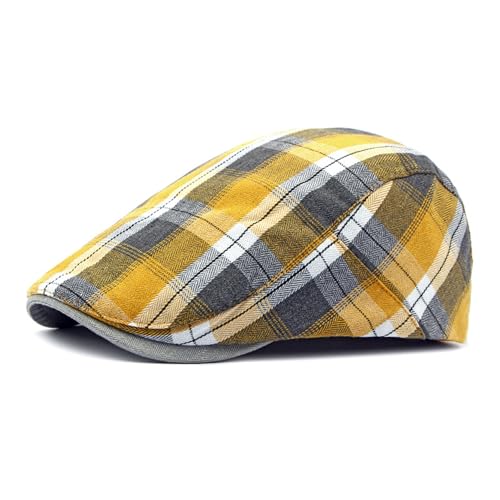Men's Breathable Flat Plaid Ivy Newsboy Cabbie Gatsby Golf Driving Hat Cap - color: Yellow