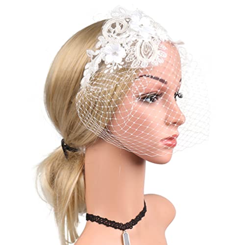 Beaupretty Womens Fascinators Hat Bridal Wedding Veil Mesh Lace Headband Tea Party Headwear Fascinator Veil Headband - color: White