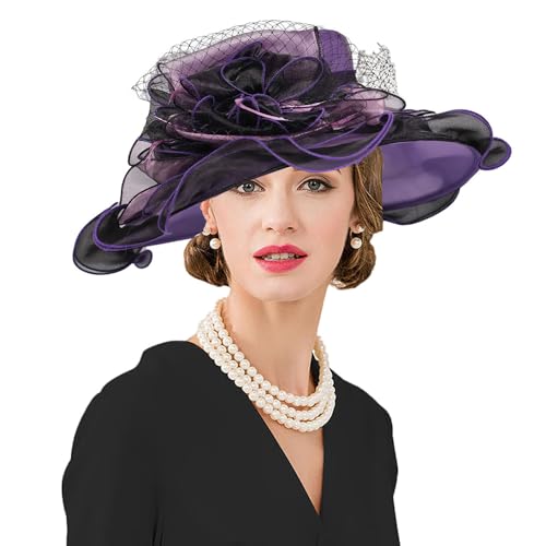Kentucky Organza Derby Top Hats for Women Sun Visor Cap Ladies Flowers Bride Weeding Fascinators Wide Brim Fedoras - color: Purple 5