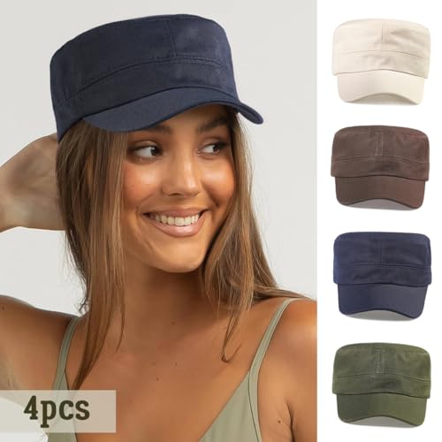 Glamorstar Unisex Cadet Army Hats 4 Pieces Military Flat Top Newsboy Cap - color: Navy+amry Green+brown+beige