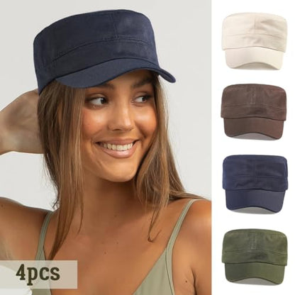 Glamorstar Unisex Cadet Army Hats 4 Pieces Military Flat Top Newsboy Cap - color: Navy+amry Green+brown+beige