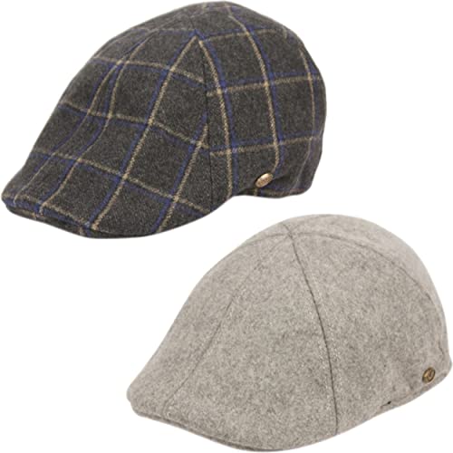 Funky Junque Men's Classic Wool Blend Newsboy Tweed Flat Cap - Stylish Vintage Hat - color: 2 Pack: Lt. Grey & Charcoal Plaid W/ Blue/Beige, size: 7 1/4-7 5/8