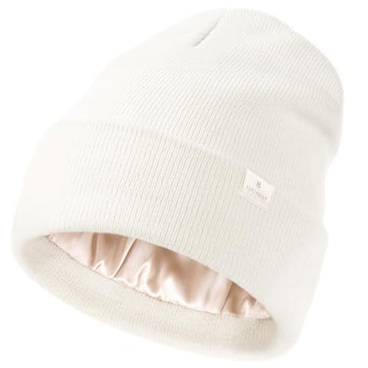 YANIBEST Satin Lined Beanie for Women, Reduce Frizz Winter Hats - color: White