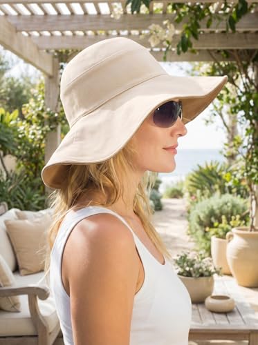 Womens Foldable Shapeable Brim Sun Hat UPF 50+ Cotton Wide Brim Beach Adjustable Chin Strap Hat Sun Protection Cap - color: Beige