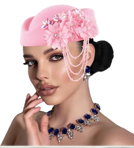 ORIDOOR Women's American and British Felt hat Church Derby Wedding Tea Party Crystal Flower Decoration Beret hat - color: 03-pink