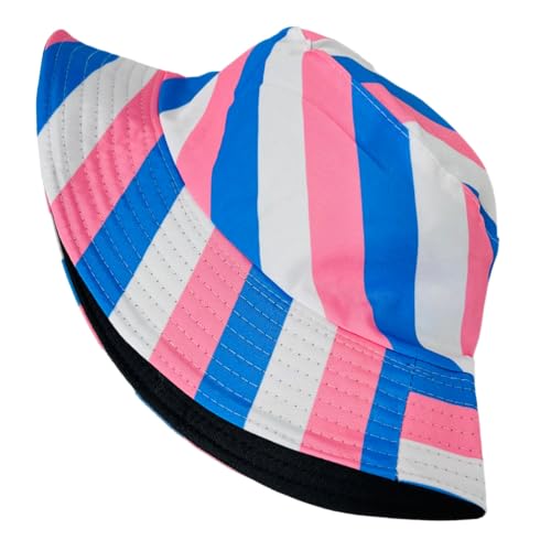 Pride Unisex Bucket Hat Reversible Double-Side-Wear Packable for Travel, Outdoors, and Beach - color: Pink/Blue/White Stripes