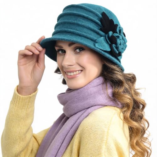 Vintage Women Floral Wool Dress Cloche Winter Hat 1920s - color: C020-turquoise