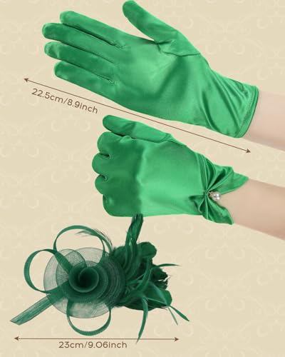 2Pcs 50s Fascinators Hats for Women Wedding Cocktail Flower Mesh Ribbons Feathers Church Tea Party Hats and Lace Glove - color: Green